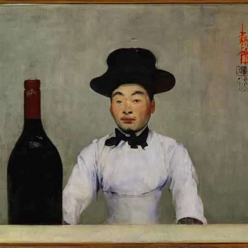 Image similar to portrait of a male chinese robot bartender by edouard manet