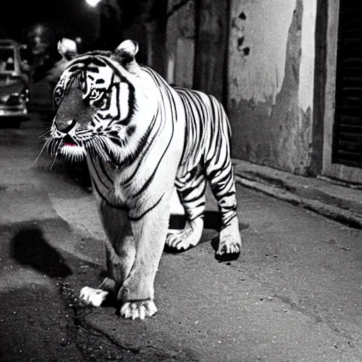 Image similar to retro photograph of a tiger smoking a joint in the streets of Dhaka at night, Kodak film photo