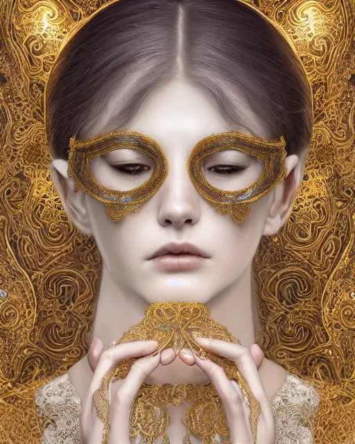 Image similar to beautiful ethereal maiden in a ivory masquerade mask intricate ornate fractal-lace and gemstones, wearing stunning ivory dress, ivory gold iridescent, full view, soft lighting, vivid, Hyperdetailed, 4k hd matte painting by Artgerm, Greg Rutkowski, Klimt, James Jean, 8k resolution, enchanting and otherworldly, Artstation, CGsociety, detailed, front view