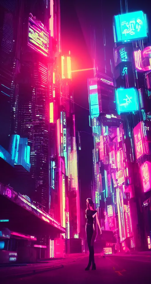 Image similar to cyberpunk women, neon lights, city, glow, sunset, retrowave style,