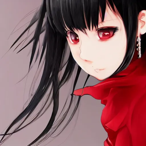 Image similar to award winning digital painting of a black haired hime cut anime girl with red dress and red eyes, holding black blade, portrait made by Stanley Artgerm, WLOP, Rossdraws, James Jean Andrei Riabovitchev, Marc Simonetti, Yoshitaka Amano, Artstation, detailed artwork trending on Pixiv.jp, danbooru, skeb, sakimichan