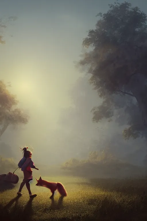 Image similar to a young girl walking to school with her pet fox, matte painting in the style of Greg Rutkowski, early morning light, sunrise, golden hour, trending on artstation