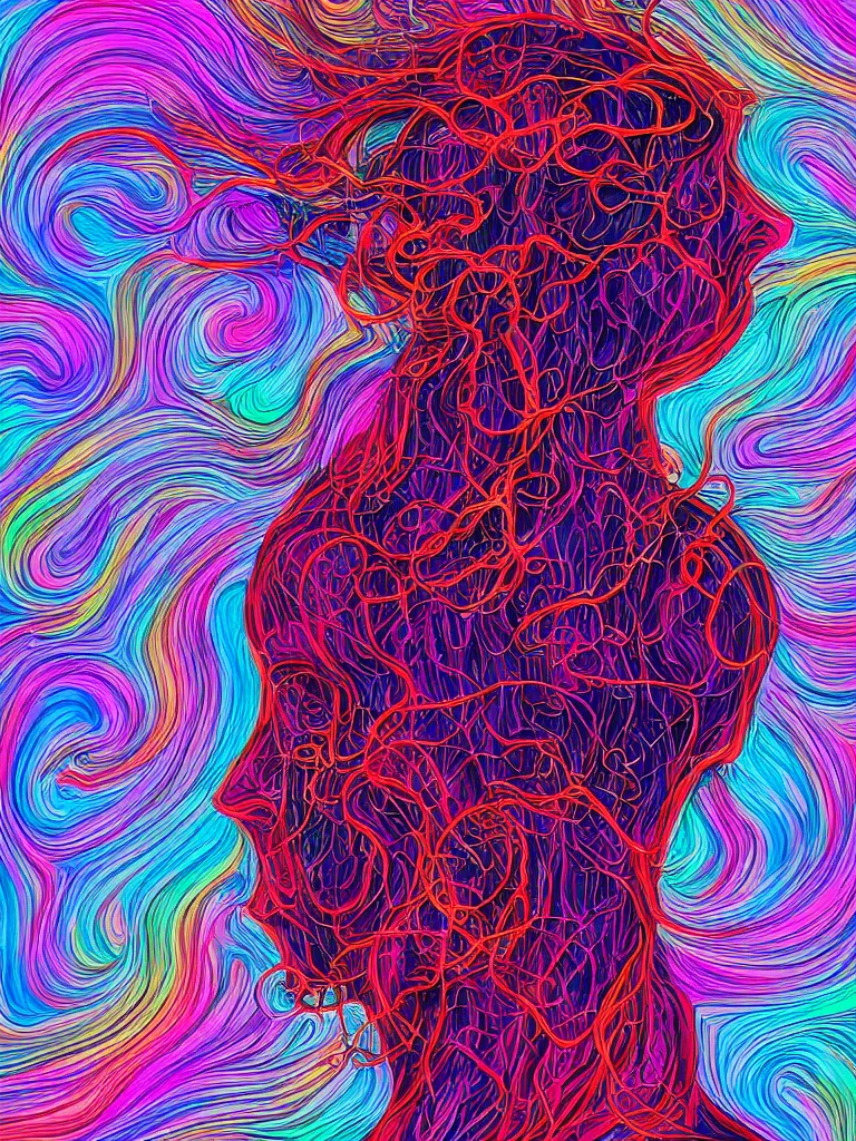 Image similar to a person with thought tendrils emanating from their head, digital art, chromatic