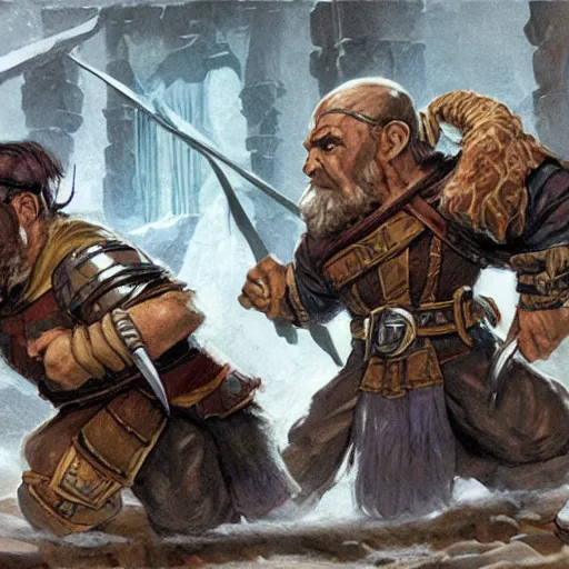 Image similar to DnD dwarves in gladitorial duel. Concept art by james gurney.