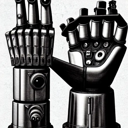 Image similar to robot hand drawing robot hand, by tony diterlizzi, tim burton, hr giger, ilford hp 5, 5 5 mm, machinecore by artgerm, 3 d render, gothcore, beeple, joseph leyendecker, carlo carra