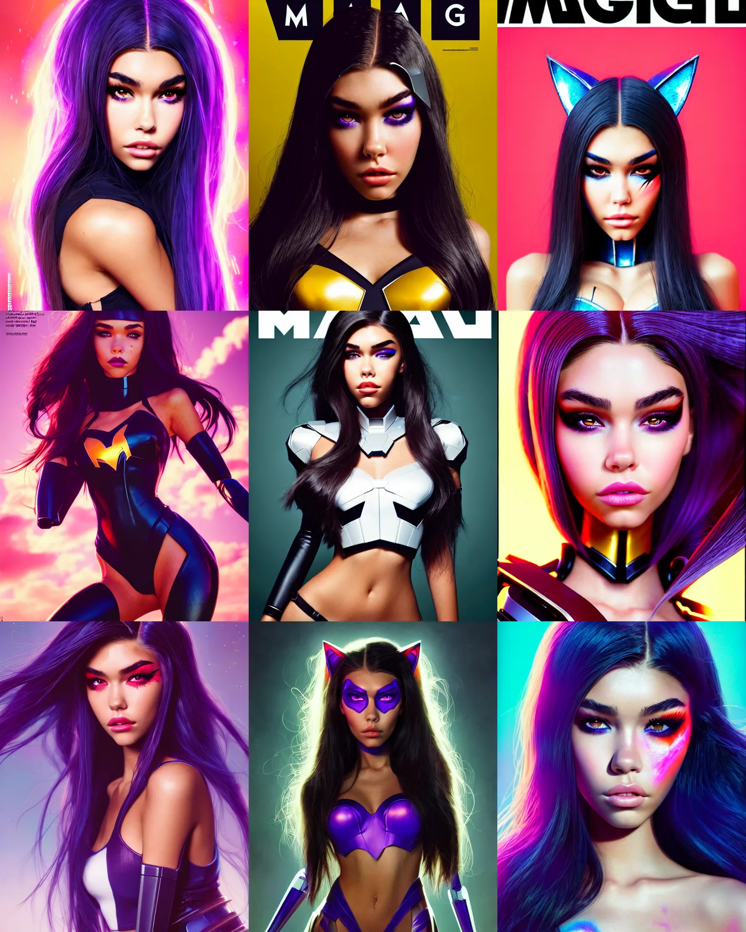 Prompt: magazine cover portrait photo of madison beer : : college woman : : as hot marvel hero catgirl cyborg by pixar : : by greg rutkowski, wlop, rossdraws, artgerm, weta, marvel, colorful rave makeup, leeloo, unreal engine, glossy skin, pearlescent, shiny, 4 k, hdr, bright morning, : :