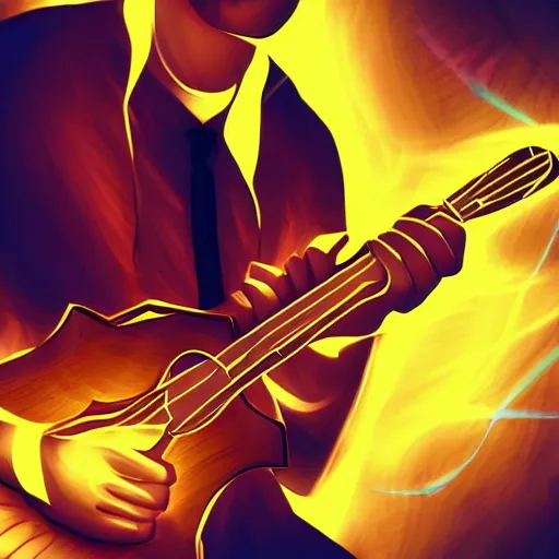 Prompt: a Jake Shimabakuro ukelele guitarist playing so intensely there is electricity shooting out from his guitar, energy beams under his finger tips, and magic sparkles from the freboard, amazing ditial art, trending on artstation, featured on deviantart