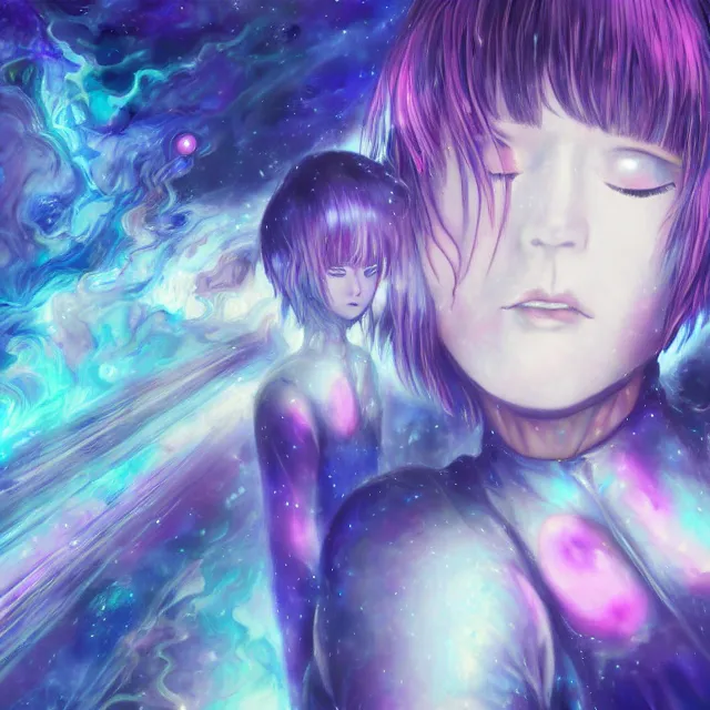 Image similar to rei ayanami, deep space, seascape, grimes, lain iwakura, silver hair, masterpiece by shikinami asuka langley, cosmos, psychedelic flowers, black opal, rainbow aura quartz, organic, oni compound artwork, of character, render, artstation, portrait, wizard, beeple, art, fantasy, epcot, psychedelic glitchcore