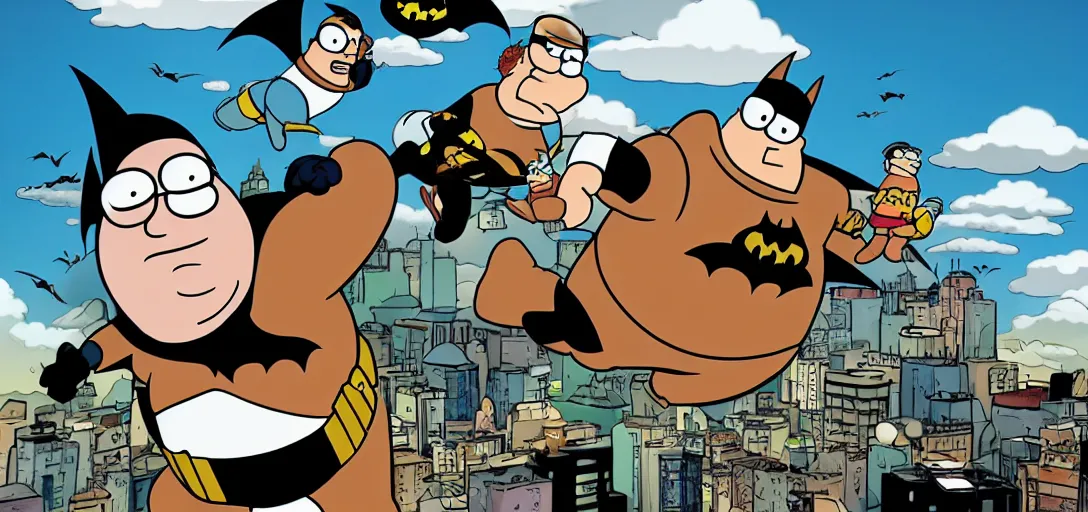 Image similar to peter griffin as batman, flying in sky