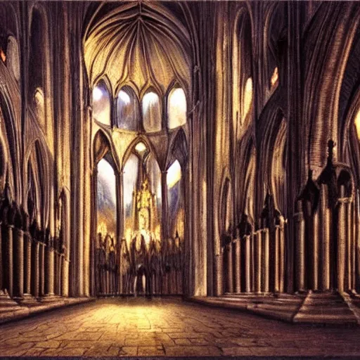 Prompt: Notre Dame interior. chocolate over a pedestal illuminated by a ray of light from a cathedral window. Wide Perspective. Realistic. Fantasy art