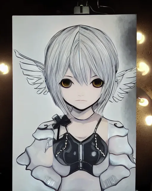 Image similar to hybrid nierautomata painting, ambient lighting, angel relief, cute - fine - face, infinitely detailed architectures