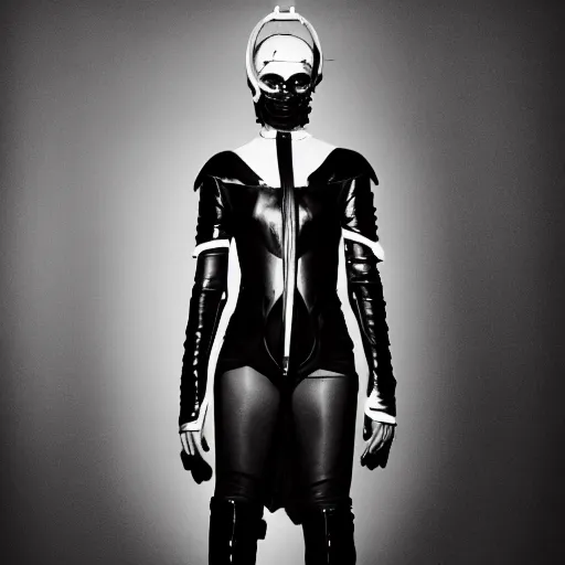 Image similar to fashion photography of an extraterrestrial model, holding a leather whip, wearing demobaza fashion, inside berghain, berlin fashion, harness, futuristic fashion, dark minimal outfit, photo 3 5 mm leica, hyperdetail, berghain, 8 k, very detailed, photo by nick knight