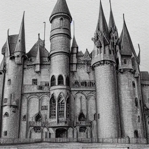 Image similar to a sprawling gothic castle fortress university, organic and art noveau, artstation, beutifully detailed pencil drawing, wide angle