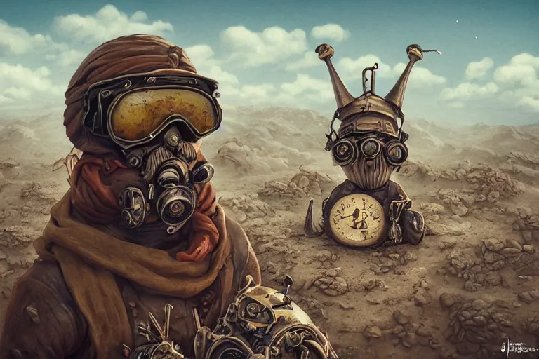 Image similar to a highly detailed forgotten garden gnome wearing goggles and head scarf surviving in a vast barren desert, hopeless wasteland background with a relentless raging sun overhead, post - apocalyptic road warrior vibe, full body, wide angle, an ultrafine detailed painting by joe fenton, trending on deviantart, pop surrealism, whimsical, lowbrow, perfect symmetrical face, sharp focus, octane, masterpiece