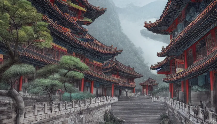 Image similar to magnificent city in ancient china in late spring, flowers will fade, some fog, realistic style, high details, scene concept., trending on artstation