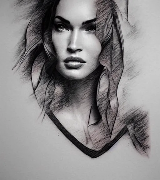 Prompt: realism tattoo sketch of a megan fox face in a double exposure effect with mountain scenery, in the style of matteo pasqualin, amazing detail, sharp, faded