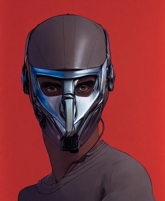 Prompt: a portrait of a young arab man with a cybernetic mask over half of his face by Moebius, 4k resolution, photorealistic