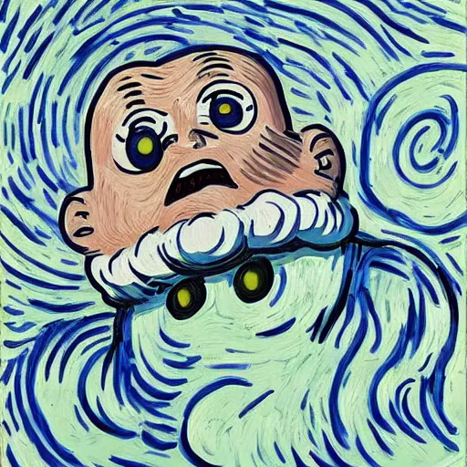 Prompt: portrait of a giant shouting ( ( stay puft marshmallow man ) ) in the style of vincent van gogh intricate detail, low angle, blockbuster ghostbusters movie