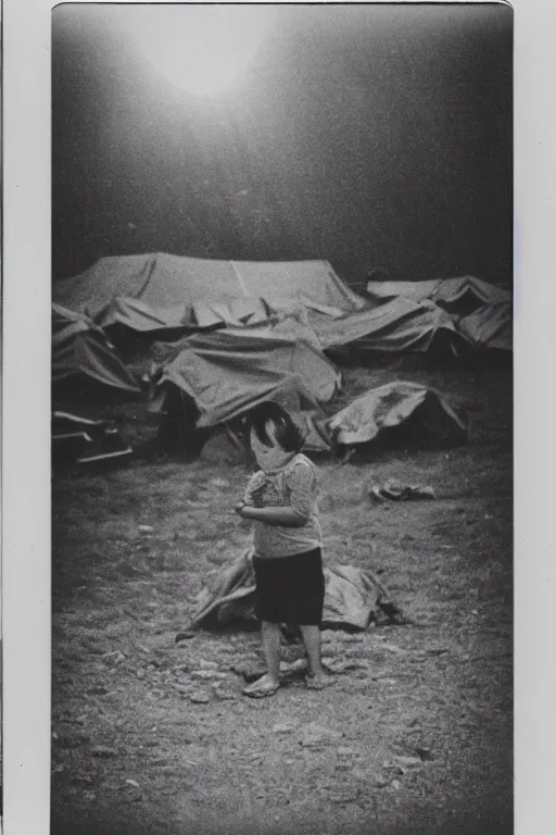 Image similar to photo polaroid of a sad and lonely child stands in the middle many tents of field hospitals, pandemic, covid,loneliness, black and white ,photorealistic, 35mm film,