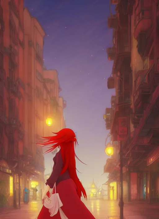 Image similar to pretty young woman with long red hair walking down a city street at night, path traced, highly detailed, high quality, digital painting, by studio ghibli and alphonse mucha, leesha hannigan, makoto shinkai, disney