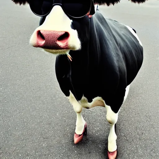 Prompt: a cool jazzy cow wearing sunglasses and black outfit