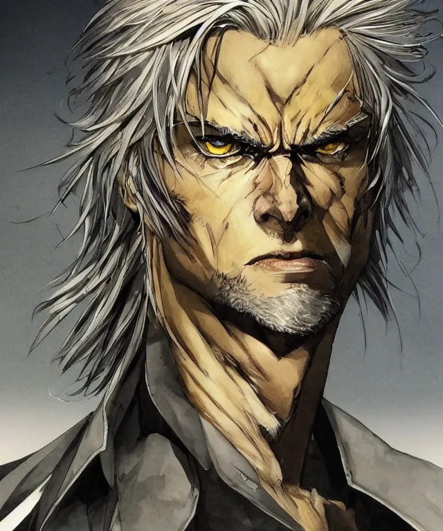 Prompt: man with sharp features, yellow eyes, and long silver hair that spikes upward in two large prongs, lean muscular build, collaborative artwork by greg ruthowski, yoshikata amano, yoji shinkawa!!, artstation, highly detailed, clear face