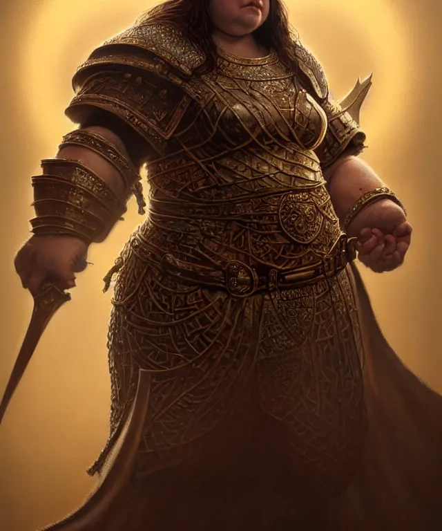 Image similar to hyperrealistic mixed media painting of a female dwarven cleric, chubby short stature, d&d, stunning 3d render inspired art by P. Craig Russell and Barry Windsor-Smith + perfect facial symmetry + dim volumetric lighting, 8k octane beautifully detailed render, post-processing, extremely hyperdetailed, intricate, epic composition, grim yet sparkling atmosphere, cinematic lighting + masterpiece, trending on artstation, very very detailed, masterpiece, stunning