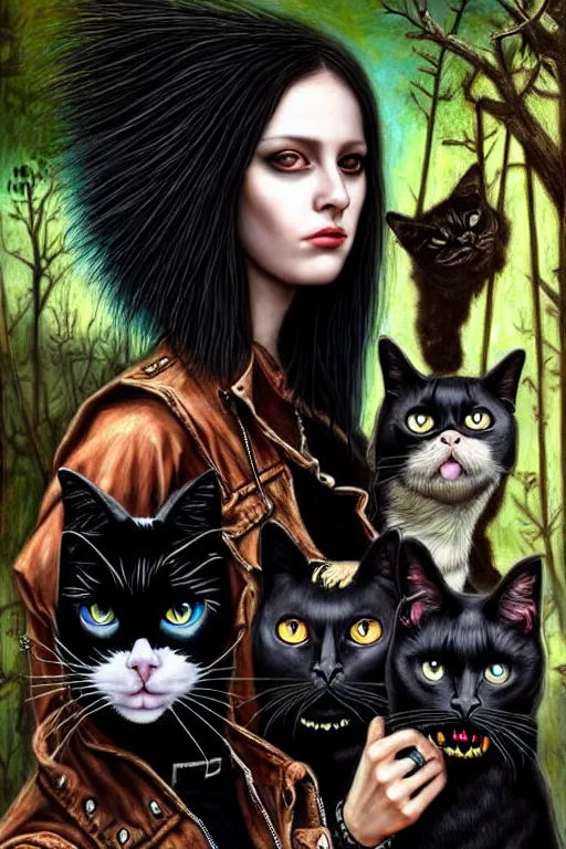 Prompt: punk rock girls making selfie with black cats in jungle , mad max jacket, post apocalyptic, renaissance, highly detailed, digital painting, 4k, oil painting by Leonardo Da Vinci, hyper realistic style, fantasy by Olga Fedorova