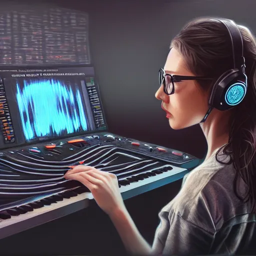 Prompt: ultra realistic illustration, a woman working with synthesizers, highly detailed, digital painting, artstation, concept art, smooth, sharp focus, illustration