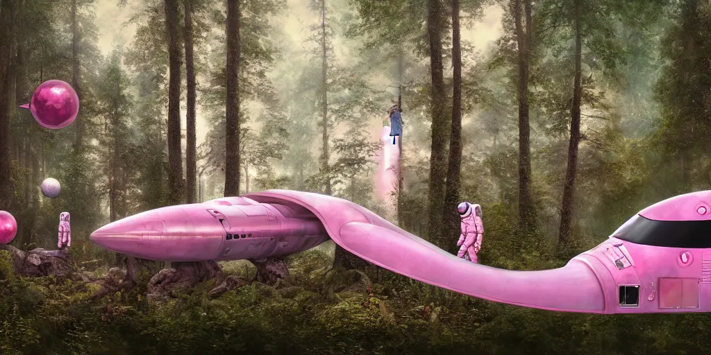 Image similar to an astronaut and a pink space ship in a forest, a detailed matte painting by frieke janssens, featured on cgsociety, space art, matte painting, matte drawing