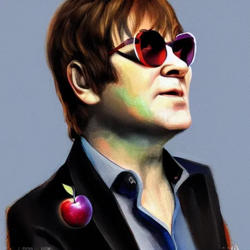 Image similar to Elton John lennon holding a apple, digital Painting, ultradetailed, artstation, oil Painting, ultradetailed, artstation
