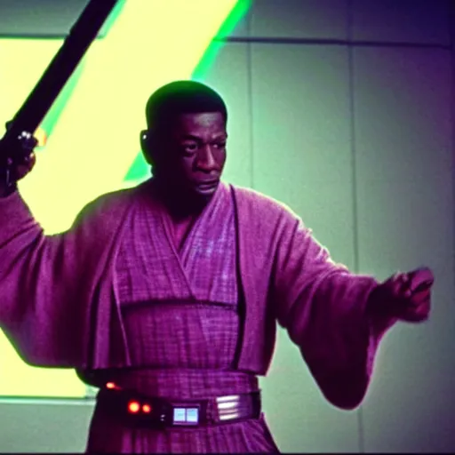 Prompt: gucci mane holding a lightsaber as mace windu in star wars episode 3, 8k resolution, full HD, cinematic lighting, award winning, anatomically correct