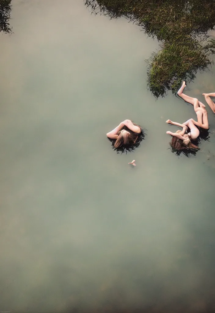 Prompt: Two female lying on a surface of water, floating on a lake, country style, view from the above, long distance, Cinematic focus, atmospheric lighting, Polaroid photo, bleached, vintage, pastel colors, High-key lighting, soft lights, cozy, foggy, by Steve Hanks, by lisa yuskavage, by Serov Valentin, by Krenz Cushart, by Andrei Tarkovsky, 8k render, octane render, fine details, detailed, oil on canvas