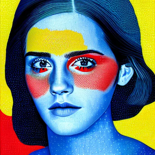 Image similar to a painting of emma watson face with red, yellow, and blue colors, a pointillism painting by mati klarwein, shutterstock contest winner, computer art, impressionism, digitally enhanced, painterly