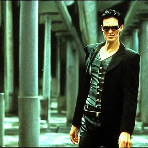 Prompt: Jim Carrey as Neo from The Matrix (1999)