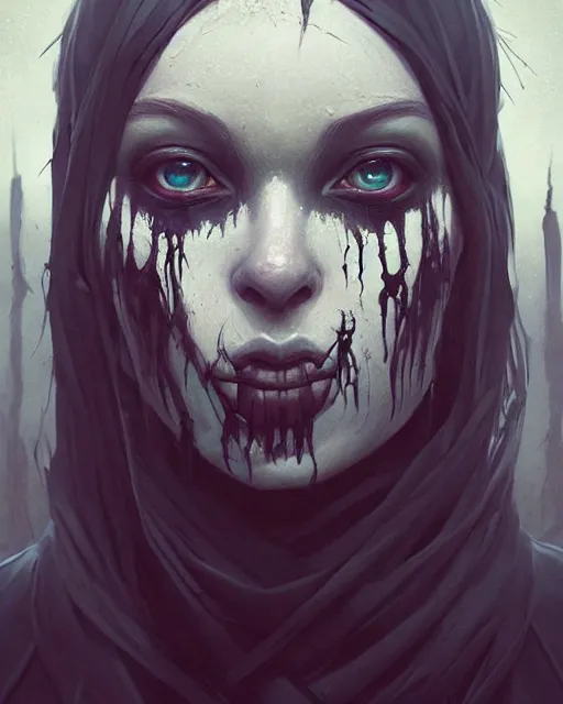 Image similar to professional ominous concept art portrait of a character with black ink makeup and black eyeballs by artgerm and greg rutkowski. an intricate, elegant, highly detailed digital painting, concept art, smooth, sharp focus, illustration, in the style of simon stalenhag, wayne barlowe, and igor kieryluk.