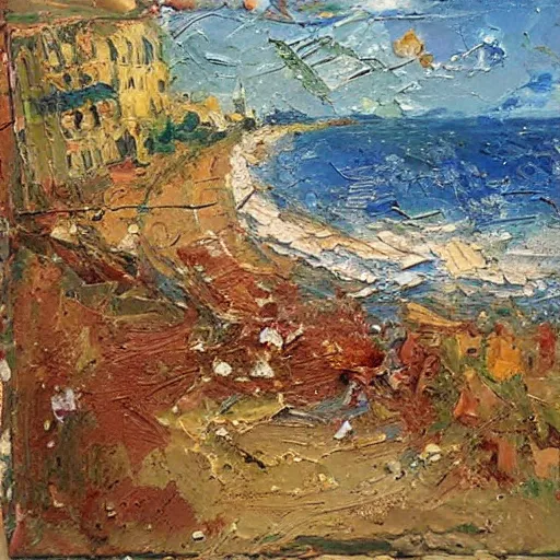 Prompt: oil paint impasto relief, beautiful italian beach scene, multi layered thick brush marks, some splattered paint, in the style of monet and frank auerbach