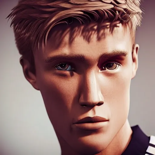 Image similar to a realistic detailed photo of a guy who is an attractive humanoid who is half robot and half humanoid, who is a male android, soccer player martin ødegaard, shiny skin, posing like a statue, blank stare, in a gaming room, on display