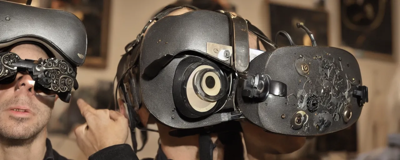 Image similar to vintage photo of advanced complex steampunk VR headset, borg