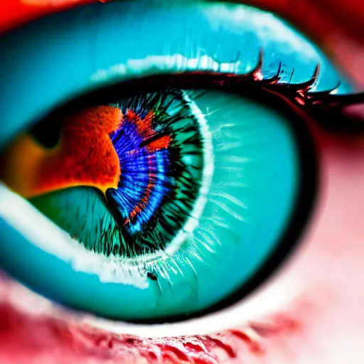 Prompt: macro close-up of a beautiful (deeply saturated turquoise color) (iris of the human eye), with futuristic cybernetic metal AR implants, glassy, alert, crisp, detailed, 8K, 4K