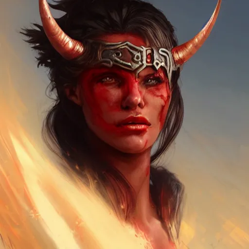 Prompt: portrait of a strong bloodthirsty female berber tiefling barbarian with red skin, devil horns and black hair in a ponytail wearing a steel chestplate in a desert, fantasy, highly detailed, digital painting, artstation, concept art, character art, art by greg rutkowski and tyler jacobson and alphonse mucha