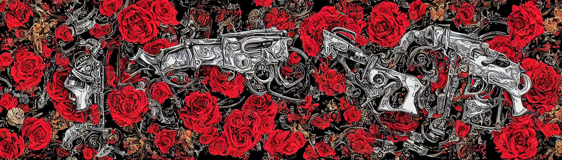 Prompt: an epic guns and roses mural on a crimson and black background, intricate illustration, highly ornate, exquisite detail, rtx, 4k