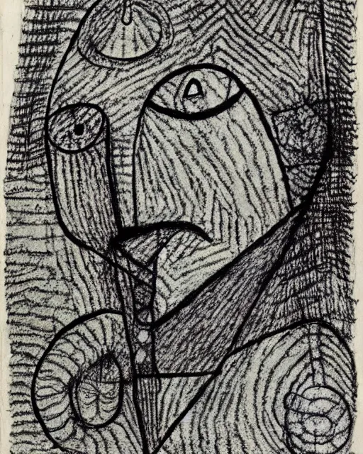 Image similar to portrait of a demon. Line drawing by Paul Klee. Pen and ink by Dali.