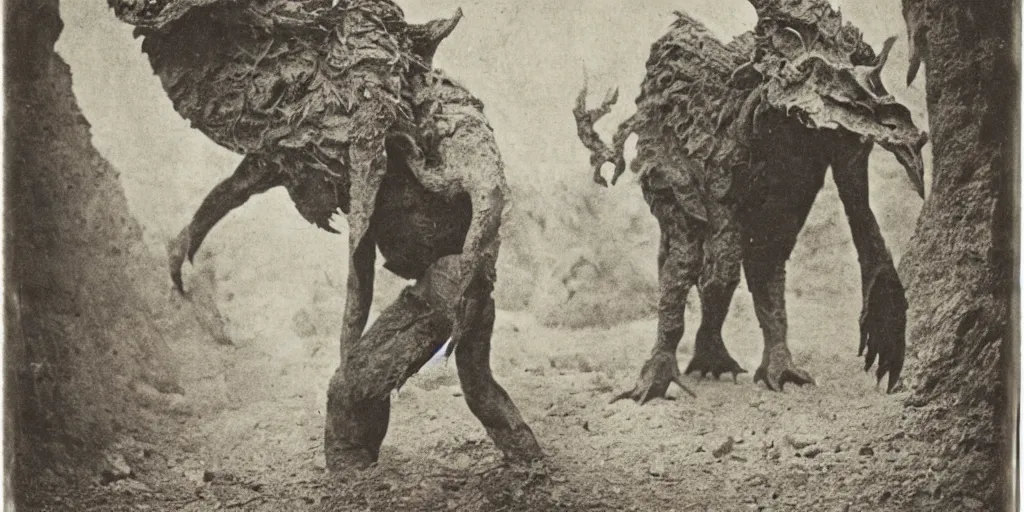 Image similar to mythical monster from a culture in an arid region, 1 9 0 0 s photograph
