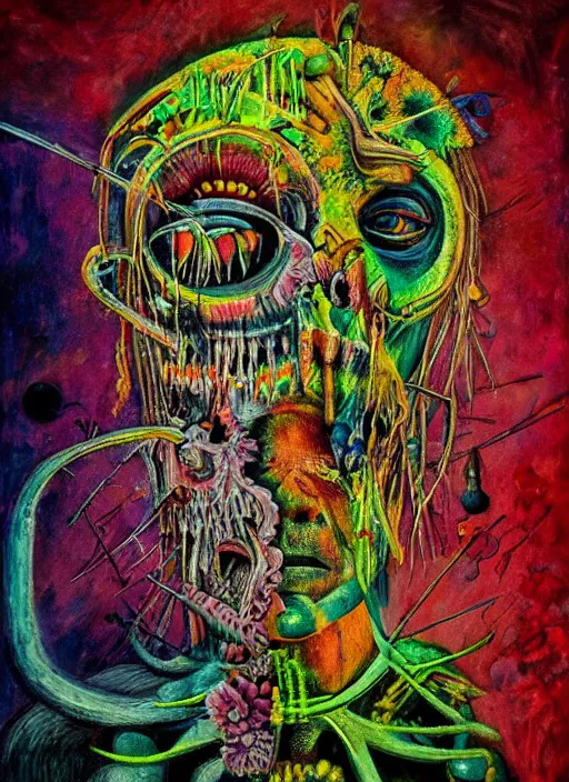 Prompt: “A (surreal) neon painting of a rotting and gruesome shaman, made of flowers, futuristic picasso by hr giger and Vladimir kush and dali and kandinsky, 3d, realistic shading, complimentary colors, vivid neon colors, aesthetically pleasing composition, masterpiece, 4k, 8k, ultra realistic, super realistic”