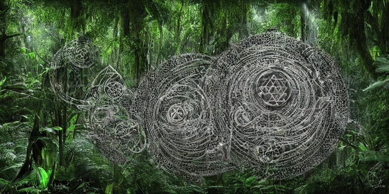 Prompt: sacred geometry symbols, made out of molten metal, floating in rainforest, by h. r. giger,, hyper realism, high detail, vivid colors, octane render, unreal engine, 8 k, smooth gradients, high contrast, depth of field by jacek yerka