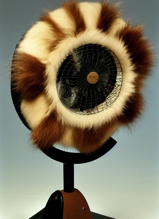 Prompt: realistic photo of a a medieval ritual chemistry appliance model fan, made of wood white clay and fur with black wires 1 9 9 0, life magazine reportage photo, natural colors, metropolitan museum collection