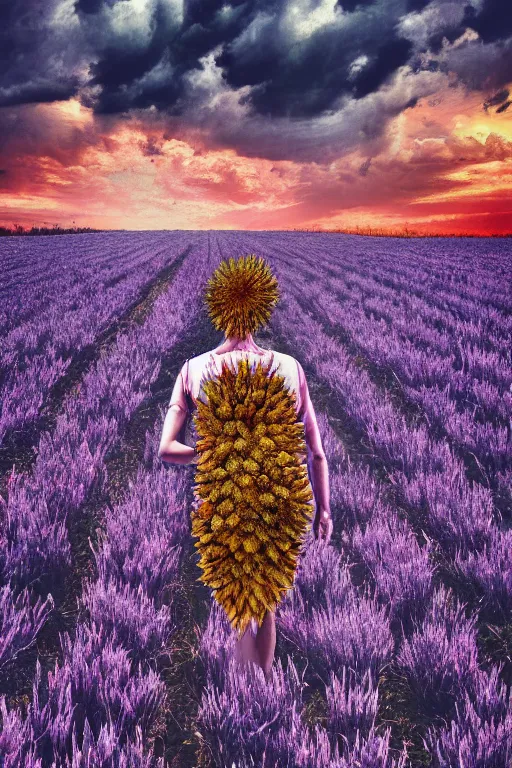 Image similar to giant corn flower head, girl walking in a decaying walter white themed flower field, surreal photography, dead body, dramatic light, impressionist painting, colorful clouds, digital painting, walter white, uncanny valley