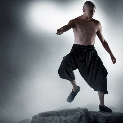 Image similar to full body pose, hyperrealistic photograph of a shaolin disciple manipulating thunder, dim volumetric lighting, 8 k, octane beautifully detailed render, extremely hyper detailed, intricate, epic composition, cinematic lighting, masterpiece, trending on artstation, very very detailed, stunning, hdr, smooth, sharp focus, high resolution, award, winning photo, dslr, 5 0 mm