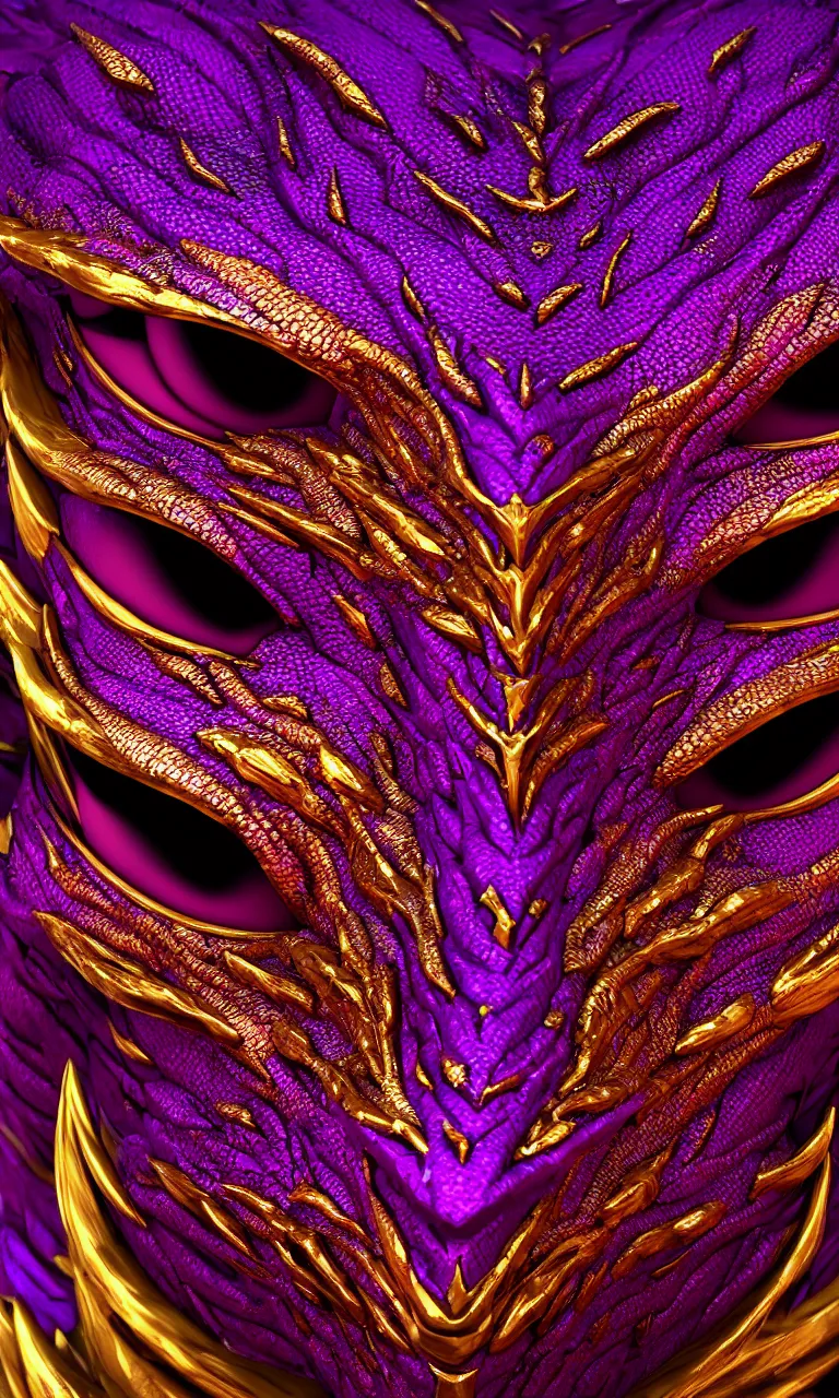 Image similar to purple and gold face of a dragon, symmetrical, ruby eyes, iridescent scales, hyperrealistic octane render 8 k, fantasy concept art